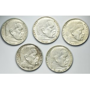 Set, Germany, III Reich, Paul von Hindenburg, 2 Mark (5 pcs.)