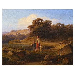 Nieznany malarz, Matka z dziećmi na tle pasterskiego krajobrazu