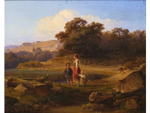 Nieznany malarz, Matka z dziećmi na tle pasterskiego krajobrazu