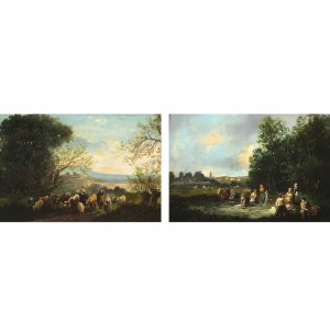 Charles August Roland, Metz 1797 - 1859 Remilly, pripisovaný, dvojica obrazov: Pranie pri rybníku &amp; Pastorálna krajina