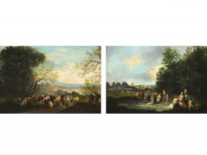 Charles August Roland, Metz 1797 - 1859 Remilly, zugeschrieben, Gemäldepaar: Wäscherinnen am Teich & Pastorale Landschaft