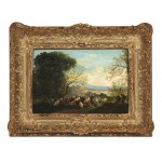 Charles August Roland, Metz 1797 - 1859 Remilly, attribuito, coppia di dipinti: Lavandaie allo stagno e Paesaggio pastorale