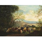 Charles August Roland, Metz 1797 - 1859 Remilly, attribuito, coppia di dipinti: Lavandaie allo stagno e Paesaggio pastorale