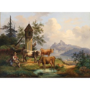 Peintre inconnu, milieu du 19e siècle, Paysage avec des vaches