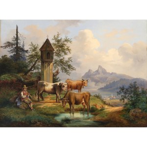 Unbekannter Maler, Mitte 19. Jahrhundert, Landschaft mit Kühen