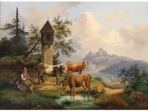 Nieznany malarz, połowa XIX wieku, Pejzaż z krowami