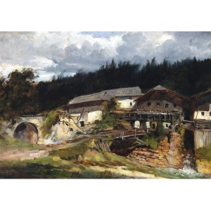 Nieznany malarz, diabelski młyn z rzymskim mostem w pobliżu Vigauen