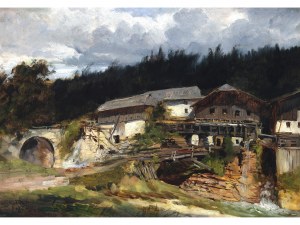 Peintre inconnu, Moulin du diable avec pont romain près de Vigauen