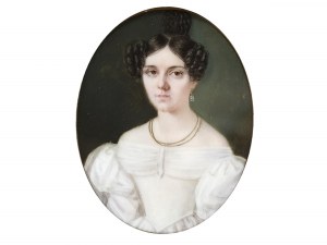Portrétní miniatura, portrét dámy, biedermeier, pol. 19. stol.