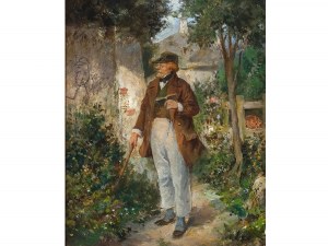 Ernst Juch, Gotha 1838 - 1909 Vienna, Old professor in the Wachau looking at his caricature on the wall