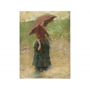 Lorenzo Delleani, Pollone 1840 - Turín 1908, Dáma s červeným dáždnikom
