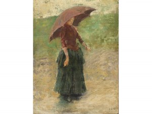 Lorenzo Delleani, Pollone 1840 - Turín 1908, Dáma s červeným dáždnikom