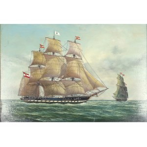 Peintre de marine, trois maîtres en haute mer, vers 1900/20