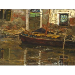 Alessandro Milesi, Wenecja 1856 - 1945 Wenecja, łódź przed pałacem w Wenecji