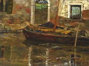 Alessandro Milesi, Venice 1856 - 1945 Venice, Boat in front of a palazzo in Venice