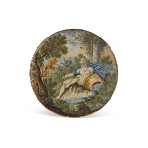 Talíř s Neptunem, Castelli?, malovaný ve stylu rodiny Grue, Itálie, 18. století