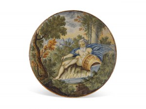 Talíř s Neptunem, Castelli?, malovaný ve stylu rodiny Grue, Itálie, 18. století