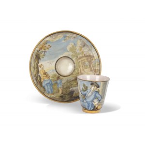 Tazza e piattino, Castelli?, dipinto nello stile della famiglia Grue, Italia, XVIII secolo