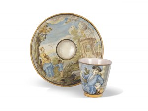 Šálka a tanier, Castelli?, maľované v štýle rodiny Grue, Taliansko, 18. storočie