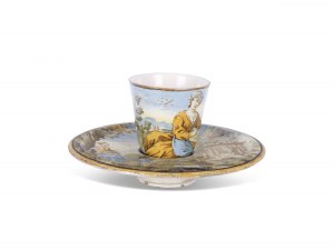 Cup and saucer, Castelli?, painted in the style of the Grue family, Italy, 18th century