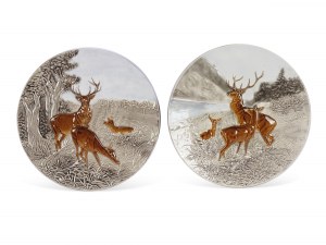 Pair of plates, relief depictions of red deer