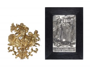 Zmiešaná položka: 2 kovové reliéfy, alegorické zobrazenie
