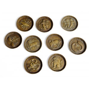 Lot mixte : 9 sous-verres en bronze, représentations de signes du zodiaque