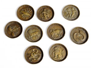 Lotto misto: 9 sottobicchieri in bronzo, raffigurazioni di segni zodiacali