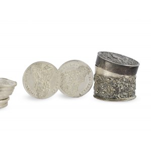 Mała puszka z 10 srebrnymi monetami, CORONAS CORONIS ADDE