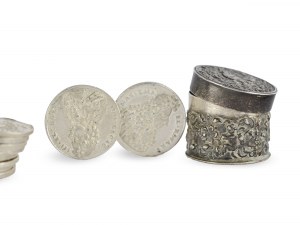 Piccolo barattolo con 10 monete d'argento, CORONAS CORONIS ADDE