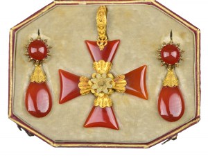 Souprava šperků: náušnice a přívěsek ve tvaru kříže, biedermeier, kolem 1840/50