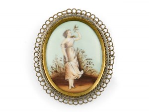 Broche en forme de médaillon avec peinture sur porcelaine