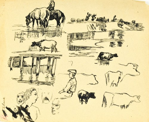 Ludwik MACIĄG (1920-2007), Szkice luźne postaci, dzieci, koni u wodopoju, krów