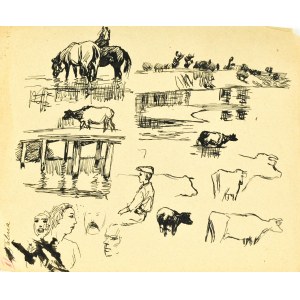 Ludwik MACIĄG (1920-2007), Croquis libres de personnages, d'enfants, de chevaux à l'abreuvoir, de vaches