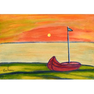 Eugeniusz TUKAN-WOLSKI (1928-2014), Krajina s lodí při západu slunce
