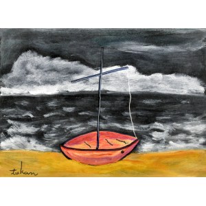 Eugeniusz TUKAN-WOLSKI (1928-2014), Bateau sur le rivage sur fond de mer agitée