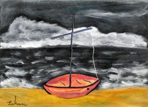 Eugeniusz TUKAN-WOLSKI (1928-2014), Bateau sur le rivage sur fond de mer agitée