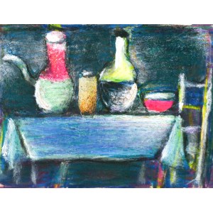 Eugeniusz TUKAN-WOLSKI (1928-2014), Natura morta su un tavolo con una tovaglia blu