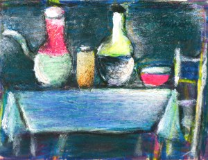Eugeniusz TUKAN-WOLSKI (1928-2014), Nature morte sur table avec nappe bleue