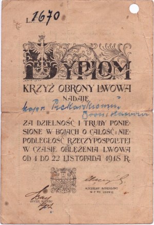 Krzyż Obrony Lwowa - Dyplom