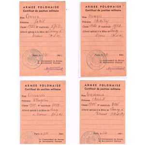 Ensemble de certificats militaires de l'armée polonaise en France 1940 - 4 pièces