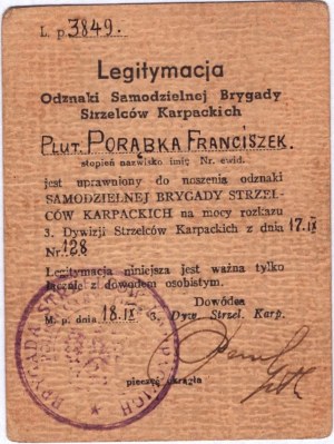 Legitimation Badge of the Independent Carpathian Rifle Brigade L. p.3849