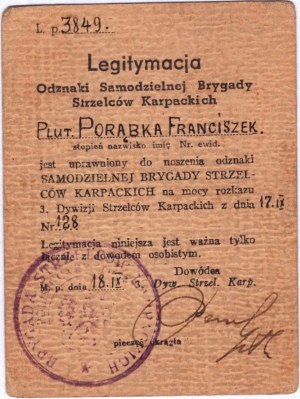 Legitymacja Odznaki Samodzielnej Brygady Strzelców Karpackich L. p.3849