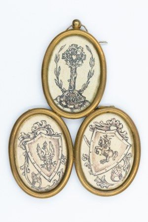 Drei-Felder-Rahmen mit dem Wappen der Polnisch-Litauischen Gemeinschaft (Pogo und Adler) und dem Kreuz