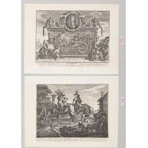 William Hogarth (1697 London - 1764 London), Frontispiz und seine Erläuterung und Sir Hudibras Sein Ableben ist der Art und Weise würdig, wie er von dannen zog, 2 Stiche aus der Serie Hudibras, 1725-1726