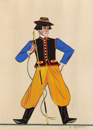 Zofia Stryjeńska (1891 Kraków - 1976 Geneva), Costume of a young peasant from Łowicki, sheet IX from the portfolio 'Polish peasants costumes', 1939