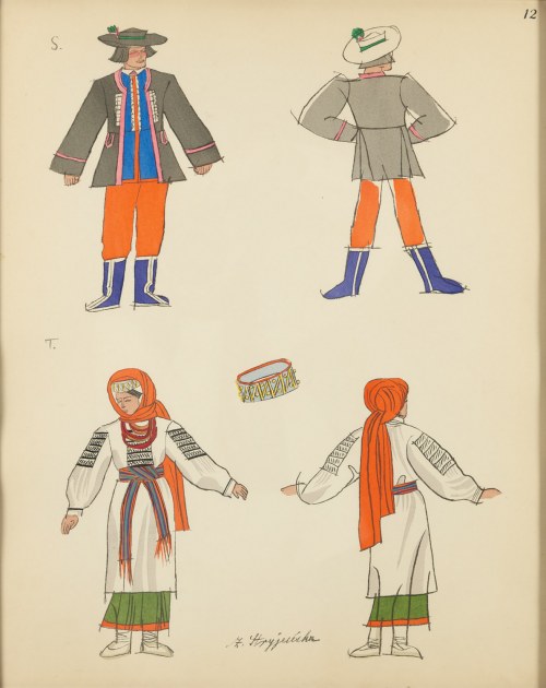 Zofia Stryjeńska (1891 Kraków - 1976 Genewa), Stroje ludowe ze Lwowa. Plansza XII z teki 'Polish peasants costumes'