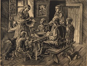 Edmund Ludwik Bartłomiejczyk (1885 Warsaw - 1950 Warsaw), Meal in a village chamber, 1939