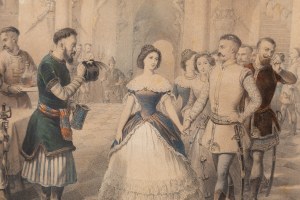 Antoni Zaleski (1824 - 1885), 'Pasek beginnt zu tanzen bei der Lady Castellanowa', Bilder aus den Memoiren von J. Ch. Pasek 'Album De Wilno', ca. Mitte des 19. Jahrhunderts.