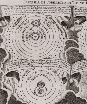 Unknown engraver, 18th century, Solar system according to Copernicus, Tycho Brahe and Descartes, 1734